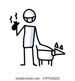 Cute stick figure clean up after your dog vector clipart. Bujo bullet journal style adorable cartoon puppy on walk. Simple pet pooch care illustration. EPS 10. 