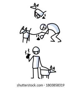 Cute stick figure dog clean up set vector clipart. Bujo bullet journal style adorable cartoon puppy on walk. Simple pet pooch care illustration. EPS 10. 