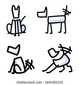 Cute stick figure dogs set wagging tail vector clipart. Bujo bullet journal style adorable cartoon puppy training to sit. Simple pet pooch care illustration. EPS 10. 