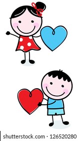 Cute Stick Figure Kids Holding Valentine's Day Hearts