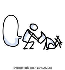 Cute stick figure owner petting dog with speech bubble vector clipart. Bujo bullet journal style adorable cartoon puppy lover. Friendship between stick man and pooch. EPS 10. 