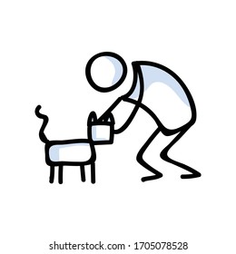 Cute stick figure petting a cat lineart icon. Kawaii kitten pictogram for pet parlor. Communication of animal character illustration. Feline vector graphic.