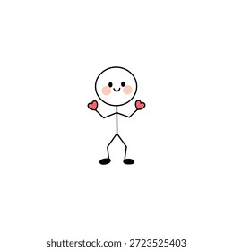 Linda figura de palo con una cabeza redonda, cara sonriente y mejillas rosadas, sosteniendo dos Pequeños corazones rojos. Diseño simple y minimalista sobre un fondo blanco limpio.