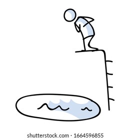 Cute Strichfigur steht auf dem Tauchboard Vektorillustration Clip art.Courageous Athlete Tauchen-Board. Handgezeichnetes Piktogramm der Freizeitgestaltung. EPS10. 