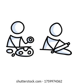 Cute stick figure two baker using cookie cutter lineart icon. Dinner preparation pictogram. Communication of restaurant cooking illustration. Kitchen with bakery vector graphic. 