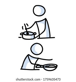 Cute stick figure two chef cooking with frying pan lineart icon. Dinner preparation pictogram. Communication of restaurant meal illustration. Kitchen with spoon and lunch vector graphic. 