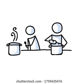 Cute stick figure two chef cooking recipe lineart icon. Dinner preparation pictogram. Communication of restaurant meal illustration. Kitchen with spoon and pot vector graphic. 