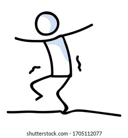 Figura de palo traviesa caminando sobre el icono de la cuerda floja. Acrobat ejecutante para el pictograma de riesgo. Comunicación de la valiente ilustración del peligro. Gráfico vectorial de equilibrio. 