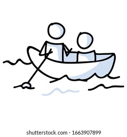 Cifras de palos en canoa vectorial de vacaciones. Concepto de barco en el lago en kayak. Pictograma dibujado a mano de ilustración de esparcimiento. Eps 10. 