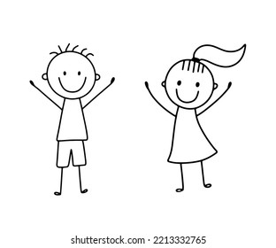 Cute stick smiling happy girl and boy. Vector illustration in doodle style isolated on white. Kids wave hands