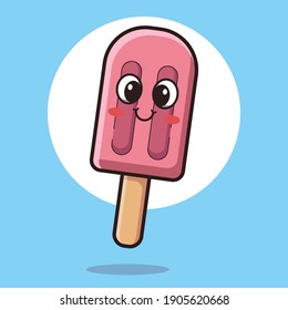 Cute Stick Strawberry Ice Cream Mascot Character Vector Icon Illustration. Flat Cartoon Style.