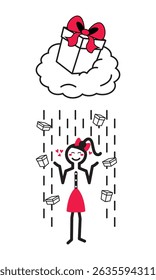 Cute stick woman Shower of gifts. Happiness that comes with gifts. Pink Cheeks, Hearts and Moment of Happiness. Magical, Positive energy.
