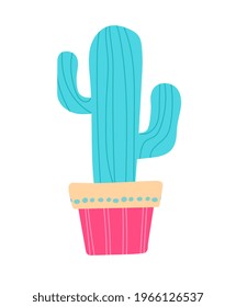 Cute sticker of blue cactus in pot on white background. Concept of cute minimalistic stickers for little children. Flat cartoon vector illustration