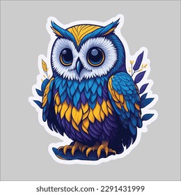 Cute Sticker Blue Owl in Vector 