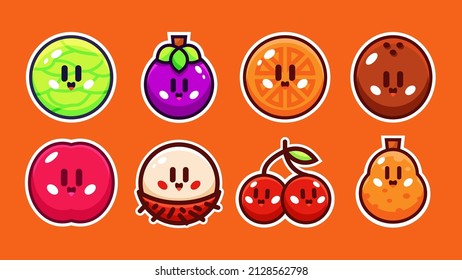 Cute Sticker Cartoon Fruits With Kawaii Faces. Melon, Mangosteen, Orange, Coconut, Plum, Rambutan, Cherry, Pear. vector illustration set.