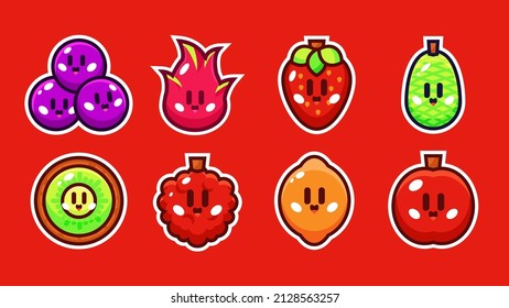Cute Sticker Cartoon Fruits With Kawaii Faces. Grape, Dragon Fruit, Strawberry, Jack Fruit, Kiwi, Raspberry, Lemon, Apple. vector illustration set.