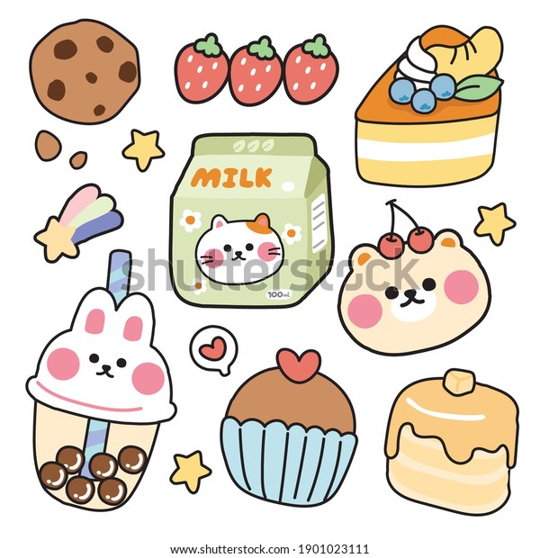 Cute sticker cartoon\
hand drawn.Animal character\
design.Rabbit,cat,bear,strawberry,cake,dessert.Kid\
graphic.Kawaii.Vector.Illustration