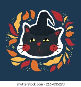 Cute sticker with a cat in a hat for Halloween. Autumn illustration with leaves.