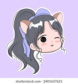cute sticker character girl with purple ribbon