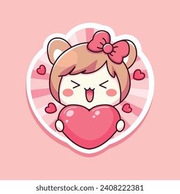 Cute sticker of a chibi girl holding heart, valentine sign, icon. Sticker cartoon style. Vector illustration.