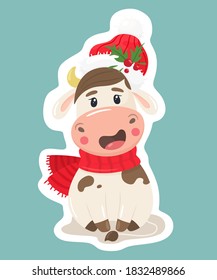 Cute sticker of a Christmas bull. Vector illustration in flat style.