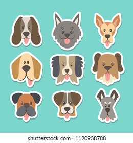 Cute sticker collection with different dog breeds in cartoon style. Vector illustration.