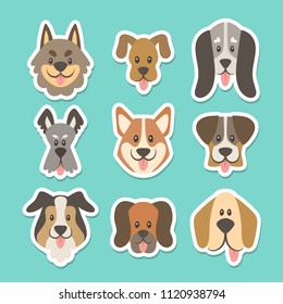 Cute sticker collection with different types of dogs in cartoon style. Vector illustration.