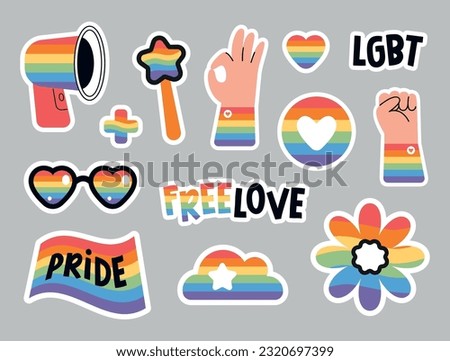 Cute sticker collection with LGBT and Pride month symbols. Flat vector minimalist illustrations of rainbow signs