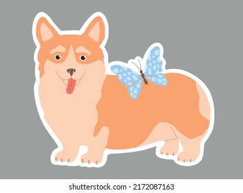 Cute sticker with a corgi and a butterfly. Vector illustration for children.