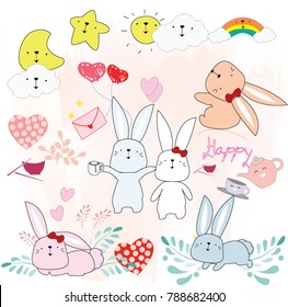 Cute sticker of couple baby rabbit bunny smile happy in valentine element,for card background pattern,illustration vector by hand draw doodle art,animal invitation card