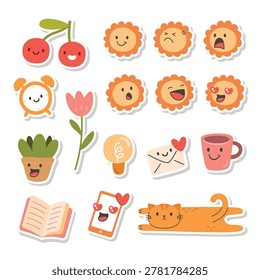 Cute Sticker doodle object and emoticons for journal notes and planner vector illustration