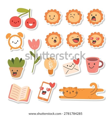 Cute Sticker doodle object and emoticons for journal notes and planner vector illustration