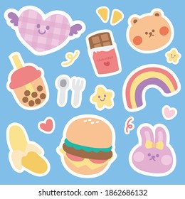 Cute sticker hand drawn cartoon.Animal and food concept.Rabbit,bear,bubble tea.heart,banana,rainbow,chocolate doodle.Graphic design.Kawaii.Vector.Illustration.