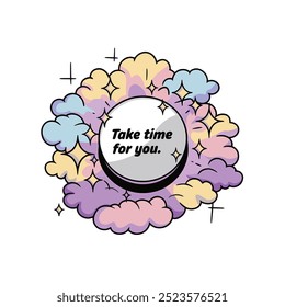 A cute sticker illustration with clouds in pastel colors, featuring the message "Take time for you."