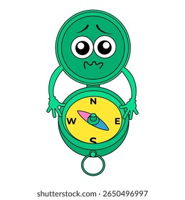 A cute sticker illustration of a compass with a worried facial expression, pointing northwest. Perfect for use in advertising, chats, and everyday design.