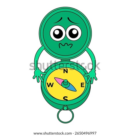 A cute sticker illustration of a compass with a worried facial expression, pointing northwest. Perfect for use in advertising, chats, and everyday design.