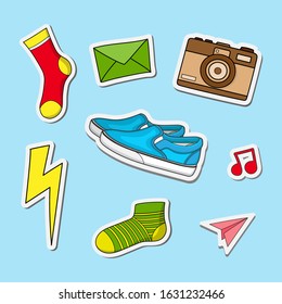 cute sticker for kids colorful socks shoes and camera set in doodle style illustration design