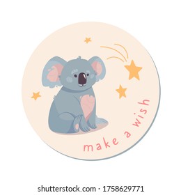 
Cute sticker with a koala. Funny bear in cartoon style, stars are falling around. The inscription "Make a wish." Vector isolated on a light background