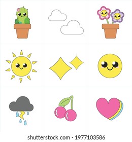 Cute sticker pack illustrations, summer theme for children book or flash card.  A simple flat vector design.  