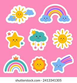 Cute sticker pack with rainbow, sun, clouds, star for kids, toddlers, preschoolers. For kids encouraging, motivation, rewarding. Stars, rainbows award, reward labels, badges for diaries, reward charts