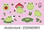 Cute sticker pack. Set of frogs. Hand drawn vector illustrations. Doodle cartoon style. Summer collection.