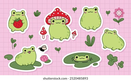 Cute sticker pack. Set of frogs. Hand drawn vector illustrations. Doodle cartoon style. Summer collection.