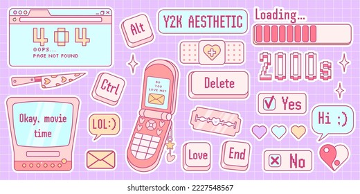 Cute sticker pack in trendy retro y2k style. Kawaii elements set. Glamour 2000s. Nostalgia for 1990s -2000s.