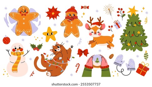 Cute sticker pack of winter Groovy Christmas characters and elements. Christmas tree, gingerbread, star, cat, gifts, snowman, holly jolly vibes in trendy retro cartoon style. Hand draw vector