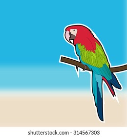 Cute sticker parrot on blurred beach background. EPS 10 