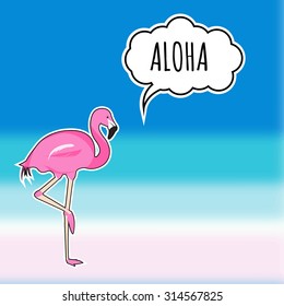 Cute sticker pink flamingo on the blurred beach background. EPS 