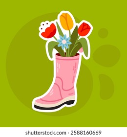 A cute sticker of a pink rubber boot filled with colorful flowers. Great for seasonal greeting cards, digital decor, and nature-themed projects.