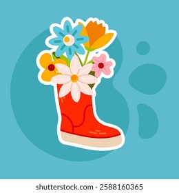 A cute sticker of a red rubber boot filled with colorful flowers. Great for seasonal greeting cards, digital decor, and nature-themed projects.