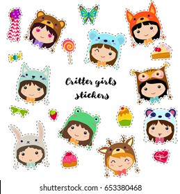 Cute sticker set with anime critter girls on white background