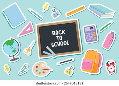 Conjunto de adesivos bonito de volta para material escolar. Conjunto de vetores. Escola estacionária
